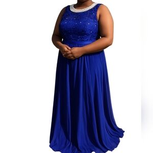 Cindy Formal Evening Gown Blue Lace Beaded Maxi Dress Size Med